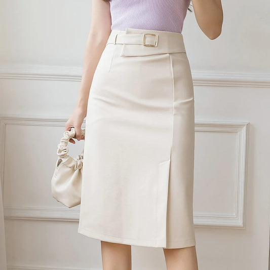 Korean Fashion Business Work Skirt for Women Elegant Irregular Slit Straight Pencil Skirt Vintage Stretch Wrap Hip Midi Skirts